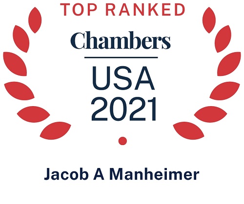 Chambers USA 2021 logo recognizing Pierce Atwood bankruptcy and restructuring law attorney Jacob Manheimer