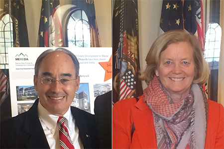 Headshots of Congressman Bruce Poliquin and Congresswoman Chellie Pingree in the Hall of Flags in 2017