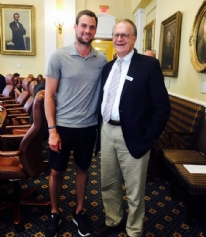Brian Dumoulin of the Pittsburgh Penguins with Pierce Atwood attorney John Delahnty at the Senate Chamber