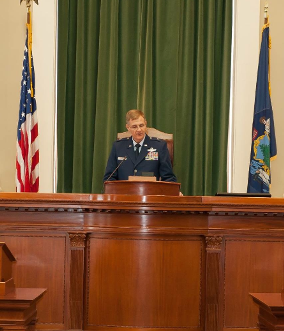 2017 Adjutant General of the Maine Army National Guard, Brigaider General Douglas A. Farnham standing at a podium